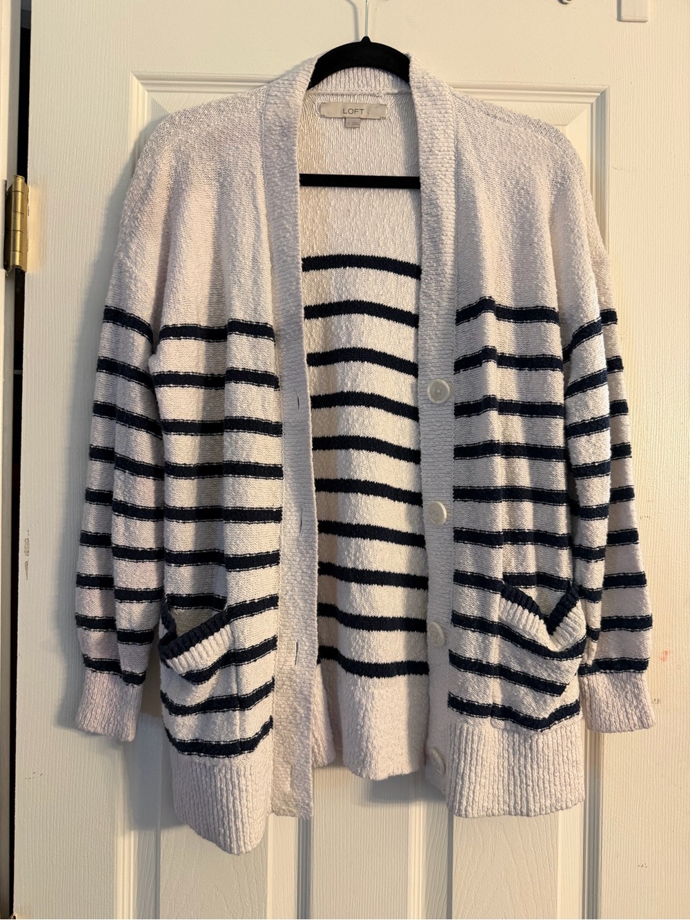 LOFT Cream Cardigan with Navy Stripes Open-Front